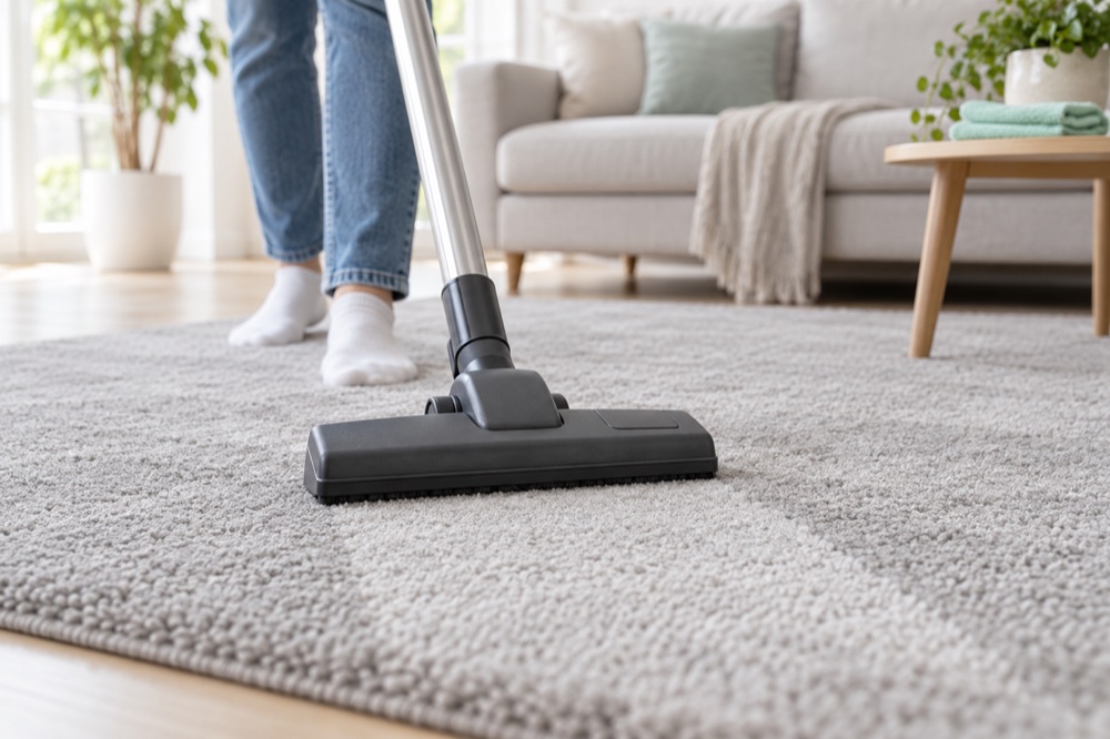 Vacuuming a light gray rug in a bright living room